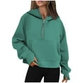 thumbnail image 1 of Womens Sweatshirt Long Sleeve Half Zip V Neck Casual Loose Cropped Fleece Solid Color Pullover Hoodies Tops with Pocket,Green 2,XL, 1 of 4