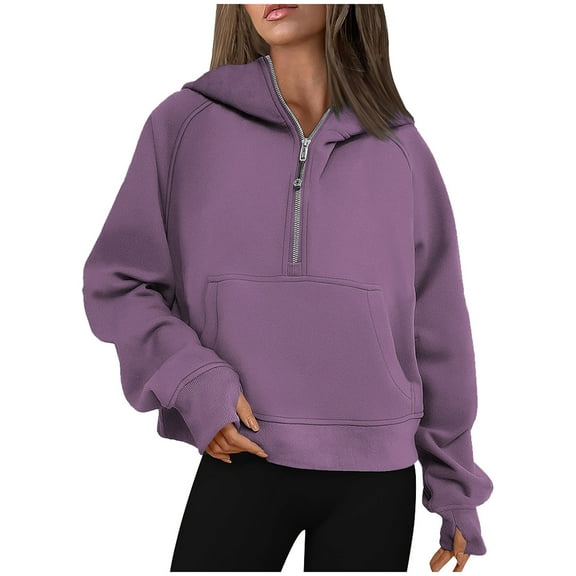 Womens Sweatshirt Long Sleeve Half Zip V Neck Casual Loose Cropped Fleece Solid Color Pullover Hoodies Tops with Pocket,Purple,2XL