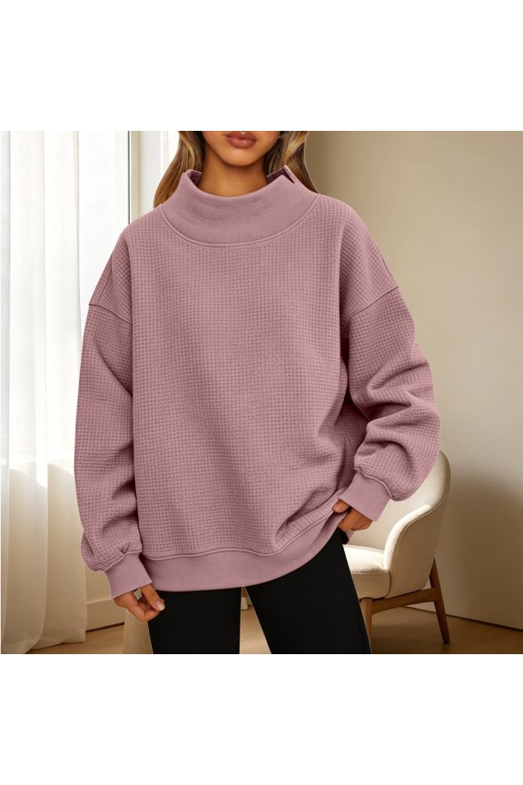 Womens Sweatshirt Long Sleeve Turtleneck Solid Color Waffle Loose Casual Pullover Top Purple S