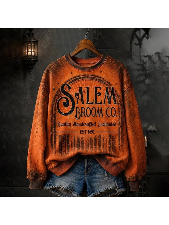 Womens Sweatshirt Long Sleeve Vintage Washed Crew Neck Pullover Broom Witch Theme Graphic Casual Fall Halloween Occasions Top Saffron XXXL