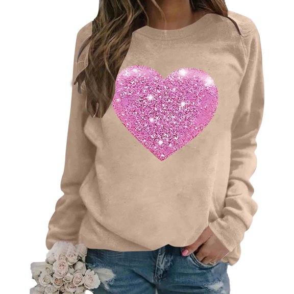 Womens Sweatshirt Long Sleeved Crew Neck Heat Printed Pullover Tops Solid Color Casual Cozy Soft Winter Fall Womens Sweatshirts Khaki M