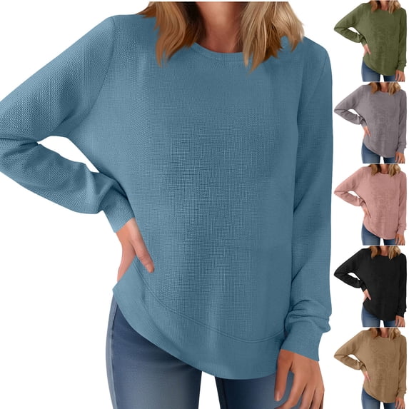 Womens Sweatshirt Long Sleeved Round Neck Curved Hem Winter Loose Top Khaki M