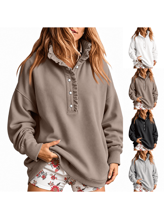 Womens Sweatshirt Mock Neck Henley Pullover Oversized Fall Fashion Clothes Long Sleeve Tops Ruffle Button Placket Comfort Soft Fleece Winter Trending Casual Lounge Sweater