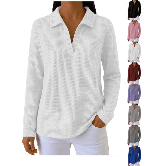 Womens Sweatshirt Nelozsy Women's Solid Color Casual Long Sleeved Lapel Pullover Top White M