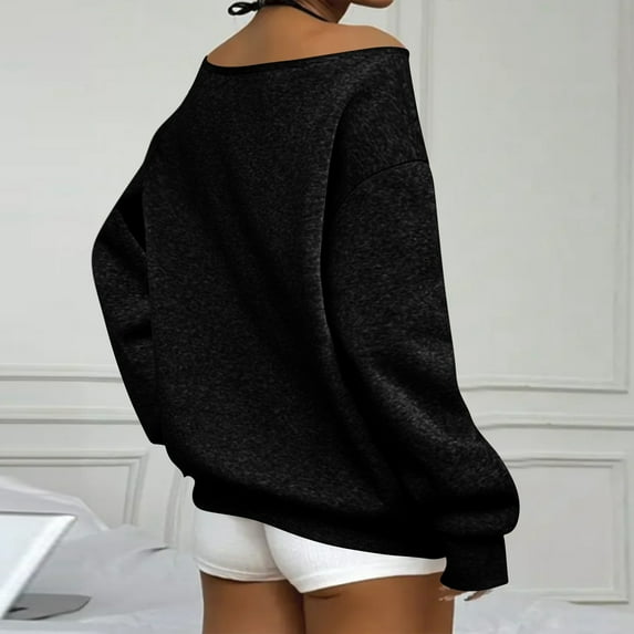 Womens Sweatshirt Off Shoulder Long Sleeve Pullover Top Oversized Shirt Loose Solid Color Pullover Black XL