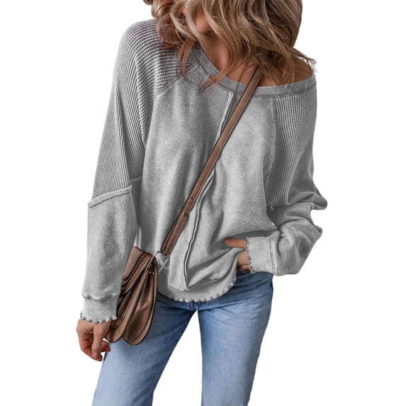 Womens Sweatshirt Oversized Casual Crewneck Long Sleeve Pullover Off the Shoulder Waffle Knit Tops Light Gray L