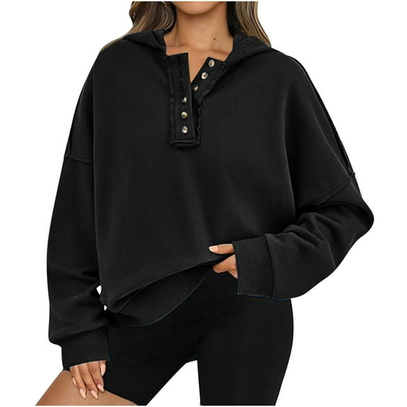 Womens Sweatshirt Plus Size Hooded V Neck Button Down Long Sleeve Casual Loose Solid Color Pullover 2025 Fall Trendy Tunic Tops,Black,S