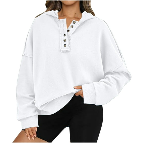 Womens Sweatshirt Plus Size Hooded V Neck Button Down Long Sleeve Casual Loose Solid Color Pullover 2025 Fall Trendy Tunic Tops,White,XL