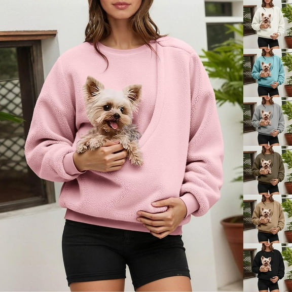 Womens Sweatshirt with Pocket for Small Cats Hoodless Pullover Crewneck Tops Fall Winter Cozy Soft Front Style Cuddly Casual Cute Sweatshirts for Women Pink S