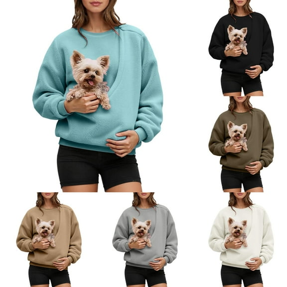 Womens Sweatshirt with Pocket for Small Cats Hoodless Pullover Crewneck Tops Fall Winter Cozy Soft Front Style Cuddly Casual Cute Sweatshirts for Women Sky Blue M