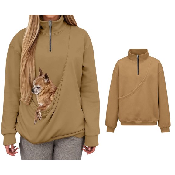Womens Sweatshirt With Pouch For Small Dog Quarter Zip Pet Carrier Sweater Creative Long Sleeve Oversized Pocket Pet Pocket Holder Top Fall Winter Clothes