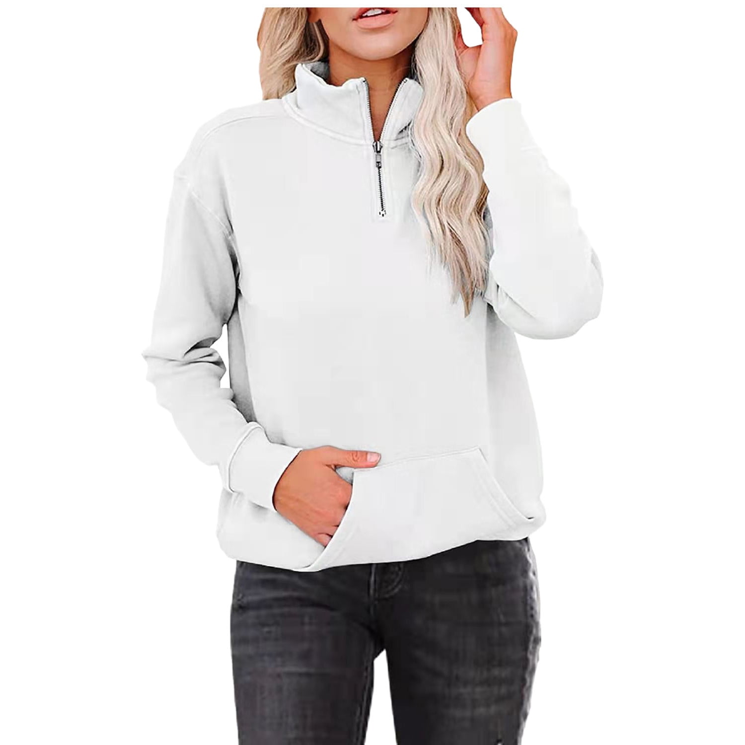 Women's Polyester Quarter Zip Sweatshirt, Lightweight Pullover, VNeck, Solid Color, Long Sleeve