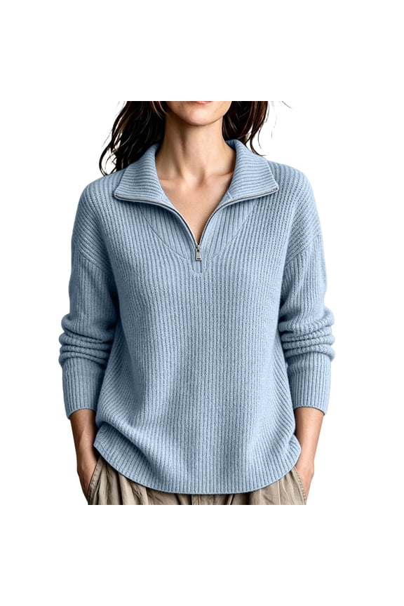 Womens Sweatshirt Ribbed Half-Zip Sweater Long Sleeve Pullover with Fold-Down Collar