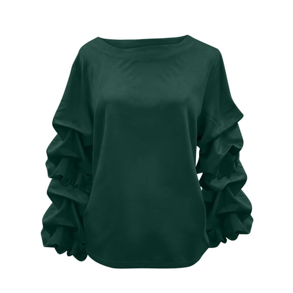 Womens Sweatshirt Sevevn Women's Round Neck Solid Color Loose Fitting Wrinkled Long Sleeve Sweatshirts