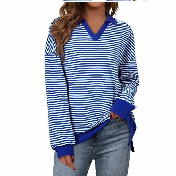 Womens Sweatshirt Striped Long Sleeved Lapel V-Neck Casual Fall Top Blue M