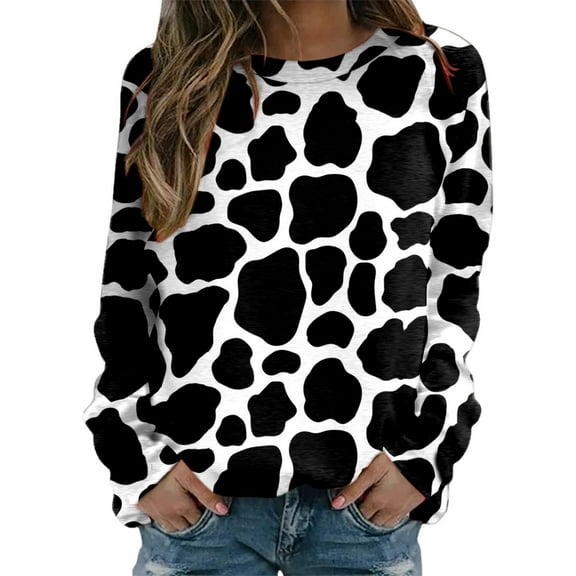 Womens Sweatshirt Tops Spring Fashion Drop Shoulder Cow Printed Long Sleeve Loose Fit Round Neck Casual Sweatshirt for Women Sweatshirts Pullover Fall Tops