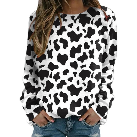 Womens Sweatshirt Tops Spring Fashion Drop Shoulder Cow Printed Long Sleeve Loose Fit Round Neck Casual Sweatshirt for Women Sweatshirts Pullover Fall Tops