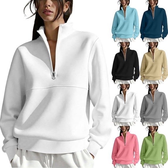 Womens Sweatshirt Trendy Solid Half-Zip Hoodless Sweatshirt Stand-Collar Casual Oversized Pullover Fall Outfits