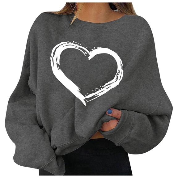 Womens Sweatshirt Valentine's Day Couples Matching for Women Heart Print Crewneck Long Sleeve Holiday Hoodless Pullover Women's Hoodie Dark Gray XL