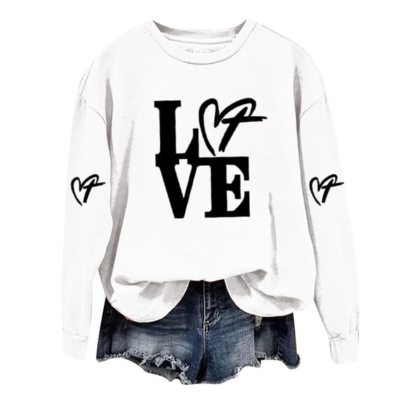 Womens Sweatshirt Valentine's Day Couples Matching for Women Letter Print Crewneck Long Sleeve Cute Fashion Hoodless Sweatshirt Women Hoodies White M