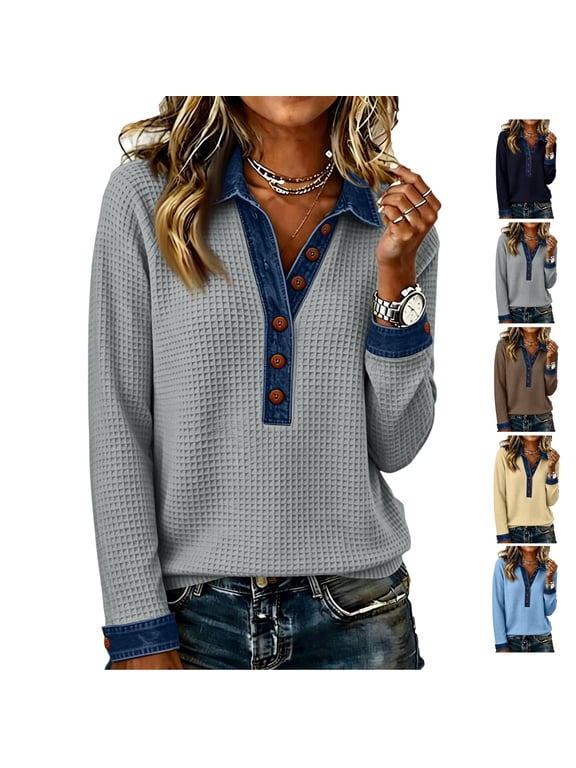 Womens Sweatshirt Waffle Knit Denim Patchwork Long Sleeve Tops Button Up Jean Shirts Fashion Sweatshirts for Women Casual Pullover Blouses Fall Clothes