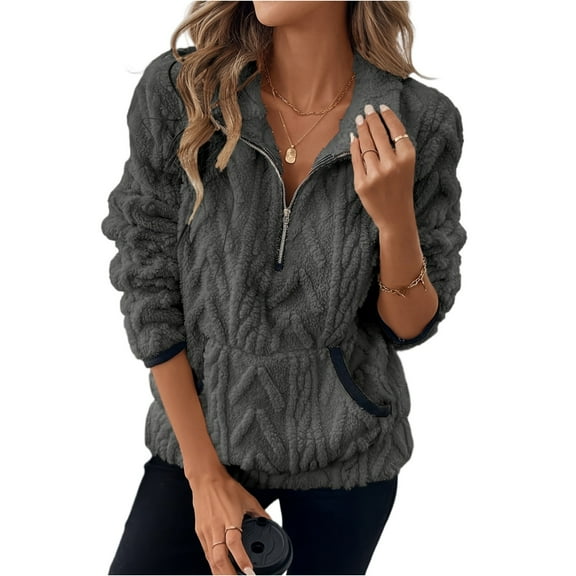 Womens Sweatshirt Waffle Knit Long Sleeve Lapel Half Zip Casual Sweatshits Loose Pullover Tops