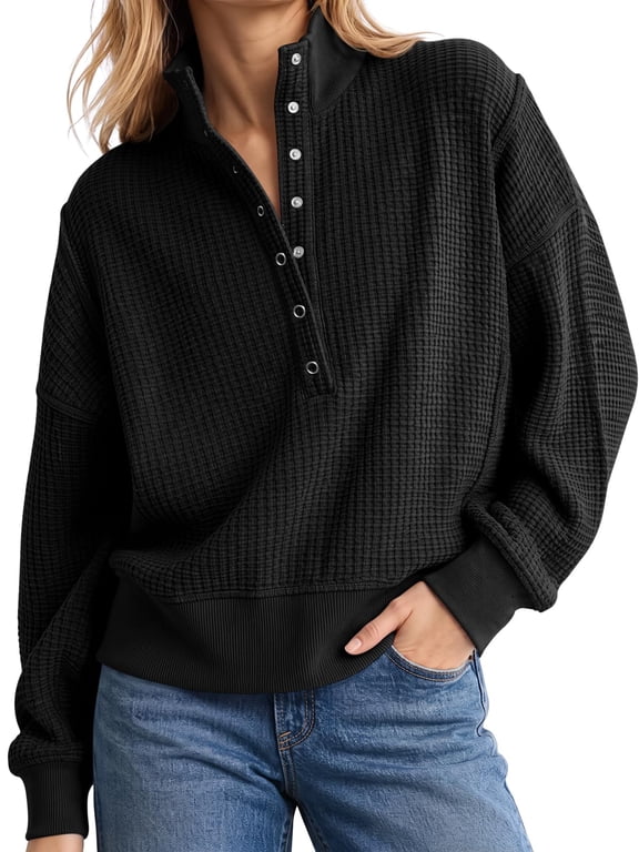 Womens Sweatshirt Waffle Knit Oversized Button Henley Pullover Tops, XL