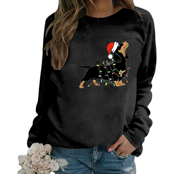 Womens Sweatshirt Winter Christmas Dog Printed Long Sleeve Crew Neck Pullover Tops Regular Casual Cozy Soft Loose Fall Women Sweatshirt Black L