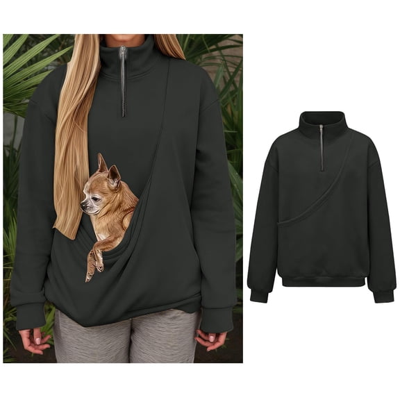 Womens Sweatshirt With Dog Pouch Quarter Zipper Pet Carrier Sweatshirt Creative Long Sleeve Oversized Pocket Kangaroo Pocket Holder Fall Clothes