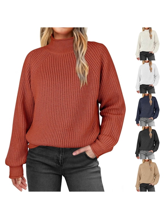 Womens Sweatshirt Women's Solid Color Pullover High Collar Knitted Sweater Tops High Collar Sweater White S