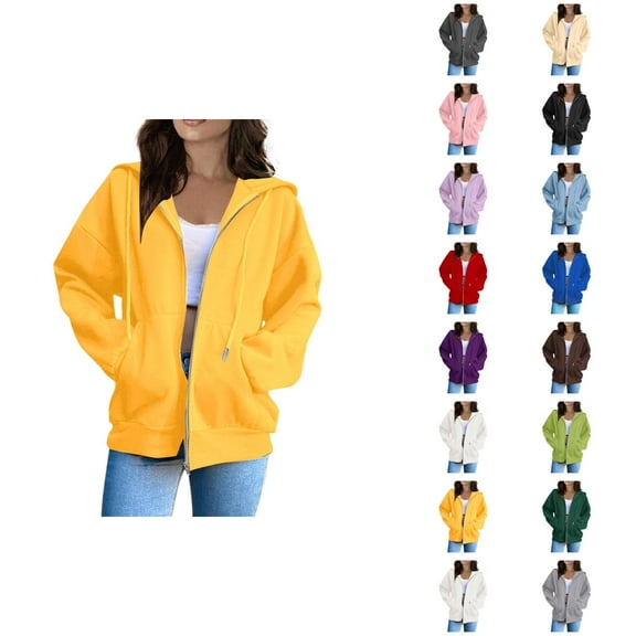 Womens Sweatshirt Women's Solid Color Sweatshirt Women Fashion Solid Loose Hooded Zipper Hoodie Long Sleeve Jacket