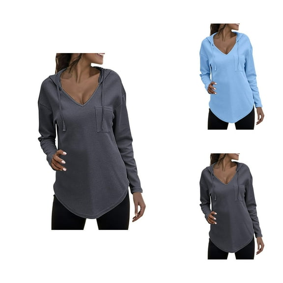 Womens Sweatshirt Women's Solid Color Sweatshirt Women's V Neck Hoodies Long Sleeve Sweatshirt Drawstring Pullover Tops With Pocket