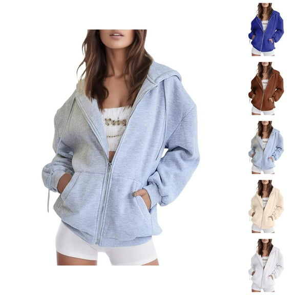 Womens Sweatshirt Women's Solid Color Sweatshirt Womens Casual Solid Long Sleeve Zipper Hooded Coat Pocket Sweatshirt Tops