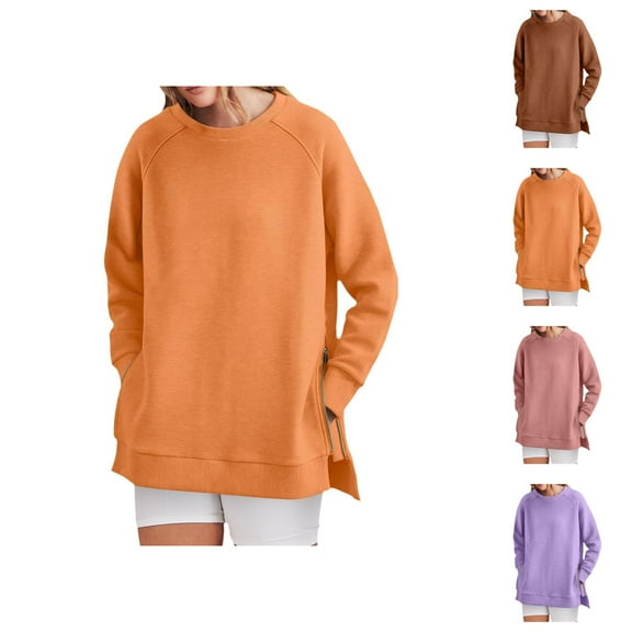 Womens Sweatshirt Women's Solid Sweatshirt Women's Crew Neck Sweatshirt Loose Fit Oversized Pullover With Zippered Side Slits Long Sleeved Tops For Fall Fashion