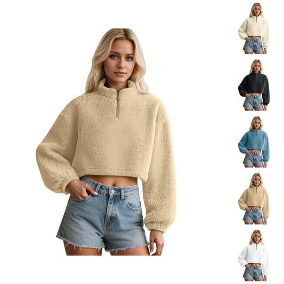 Womens Sweatshirt Women's Solid Sweatshirt Women's Zip Up Sweatshirt Half High Neck Long Sleeve Cropped Pullover Soft Warm Casual Winter Fall Spring Tops Outerwear