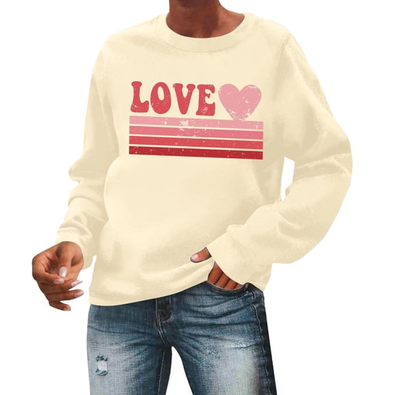 Womens Sweatshirt Women's Valentine's Day Couples Matching Letter Print Crewneck Long Sleeve Cute Casual Hoodless Pullover Hoodie Women Beige L