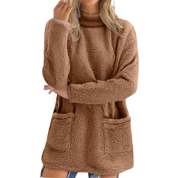 Womens Sweatshirt, Yigetop Women's Autumn and Winter Women's High Neck Pocket Round Neck Casual Warm Long Sleeved Plush Sweatshirt Womens Mock Neck Sweatshirt Khaki L