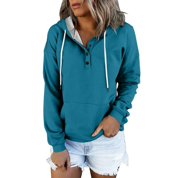 Womens Sweatshirt, Yigetop Women's Solid Color Fashion Casual Button Pocket Long Sleeve Sweater Comfort Hoodie Blue 2XL