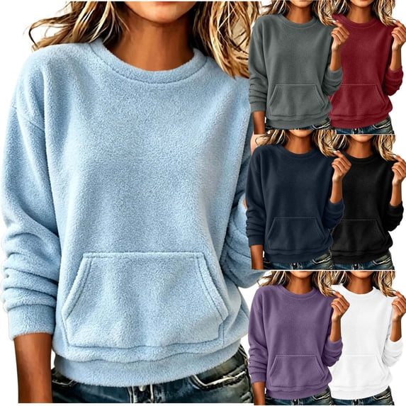 Womens Sweatshirt with Pockets Lightweight Long Sleeve Round Neck Sweatshirt Keep Warm Tops