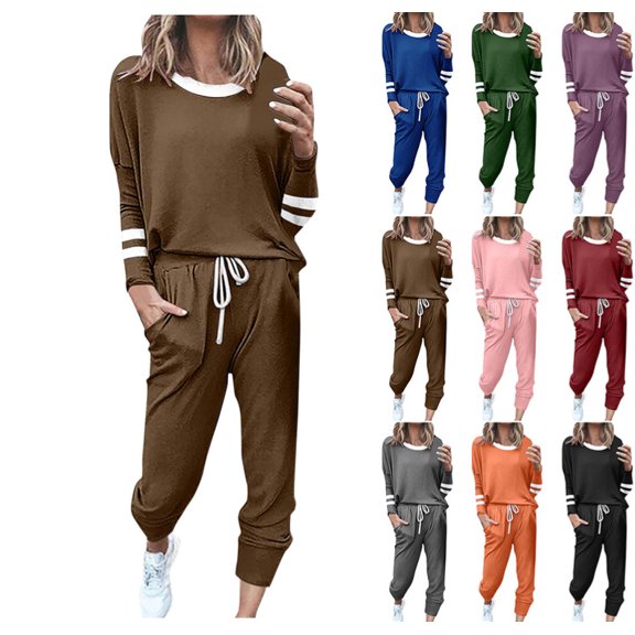 Womens Sweatshirts 2 Piece Set Fall Outfits Stripped Long Sleeve Sweatshirts Wide Leg Sweatpants Lounge Sets Tracksuit Coffee L