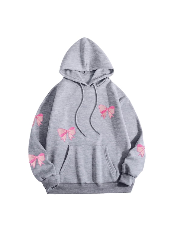 Womens Sweatshirts Bow Print Hooded Pullover Sweatshirt Soft Knit Warm Cozy Loose Stylish Casual Fall Winter Knit Wear Women's Fashion Hoodies