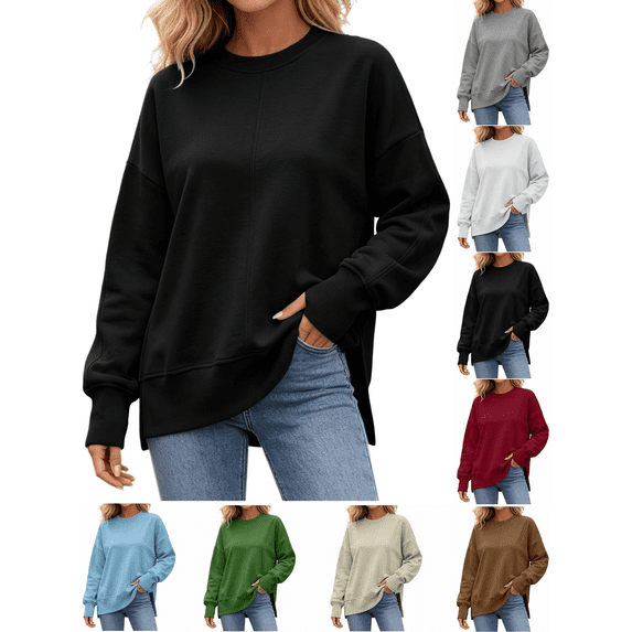 Womens Sweatshirts Casual Comfort Pullover Fall Winter Outfits Solid Color Crew Neck Loose Fit Sweat Shirts with Thumbhole Cuffs