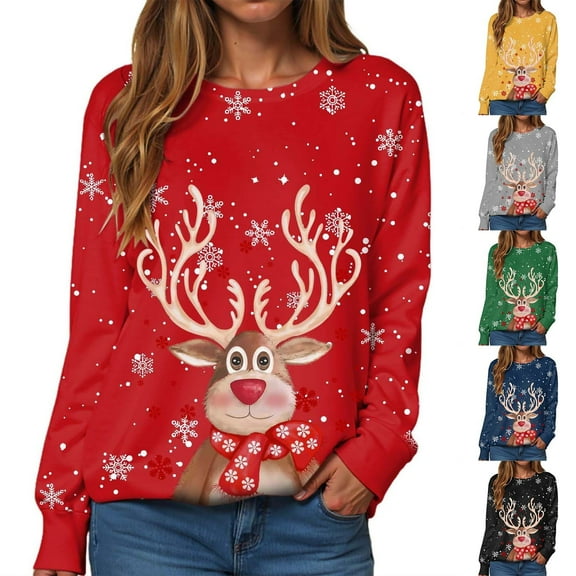 Womens Sweatshirts Christmas Cute Long Sleeve Reindeer Print Crewneck Pullover Sweatshirt Graphic Winter Loose Casual Xmas Women Sweatshirt Red M