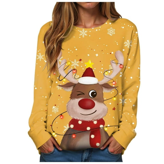 Womens Sweatshirts Christmas Long Sleeve Cute Reindeer Print Pullover Sweatshirt Crewneck Graphic Winter Loose Casual Xmas Women's Sweatshirt ZB Yellow M