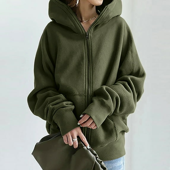 Womens Sweatshirts Solid Hoodie Zipper Long Coat Tops with Pockets