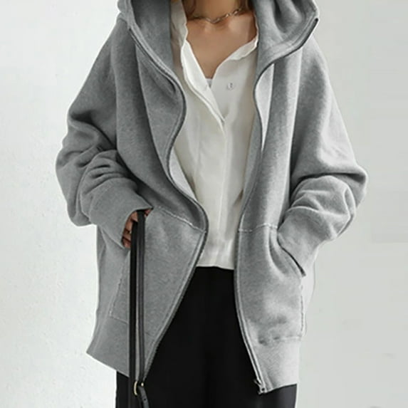 Womens Sweatshirts Solid Hoodie Zipper Long Coat Tops with Pockets