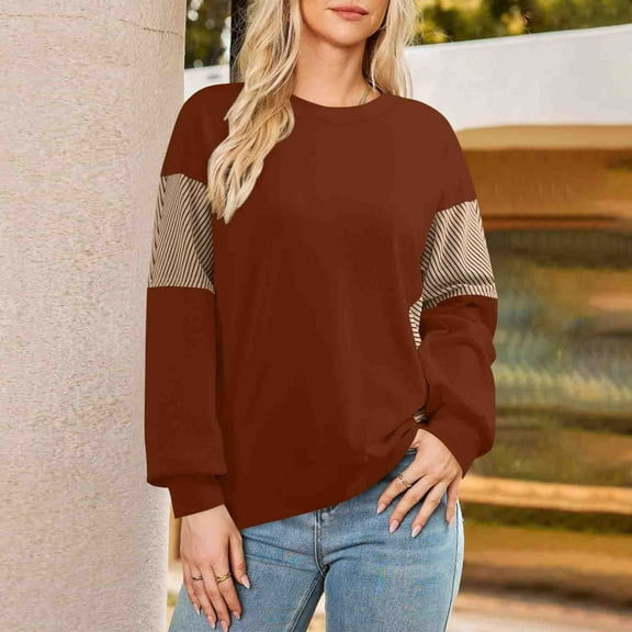 Womens Sweatshirts Cotton Crew Neck Casual Long Sleeve Pullover Tops Brown XL