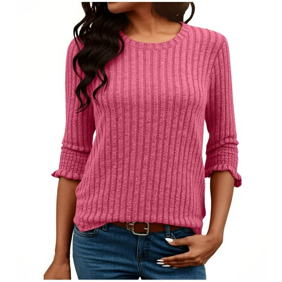 Womens Sweatshirts Crewneck 3/4 Sleeve Tops Thin Knitted Sweaters Lightweight Casual Fall Blouse Shirts Knit Ribbed Pullover Soft Comfy Pullover Long Sleeve Tops Daily Leisure Tunics