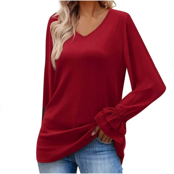 Womens Sweatshirts Crewneck Loose Fitting Tops Womens Solid Color Long Sleeve Flared Sleeve V Neck Top T Shirts Blouse Women Cardigans Sweater Hoodies Clearance Sale
