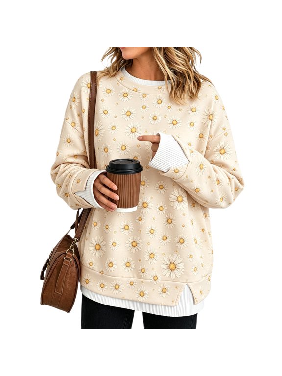 Womens Sweatshirts Daisy Floral Fake Layer Sweatshirts Long Sleeve Tops Casual Fall Pullover